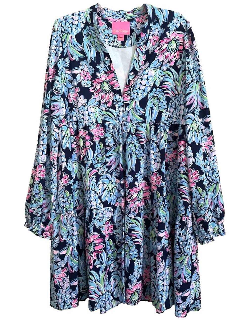 Lilly Pulitzer Winona Dress Large High Tide Navy Pineapple Paradise Long Sleeves - Picture 2 of 10